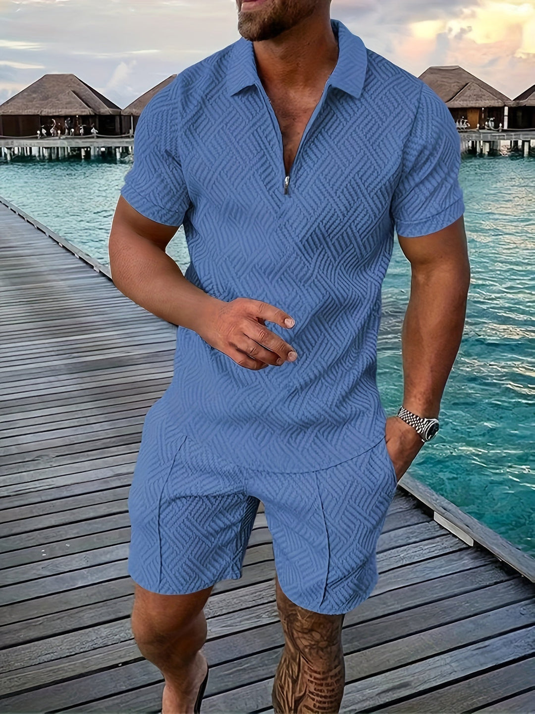 Casual and Stylish Geometric Polo Shirt and Shorts Set for Men