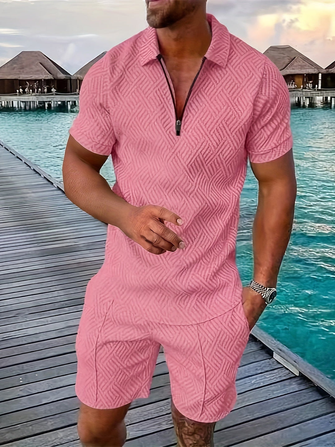 Casual and Stylish Geometric Polo Shirt and Shorts Set for Men