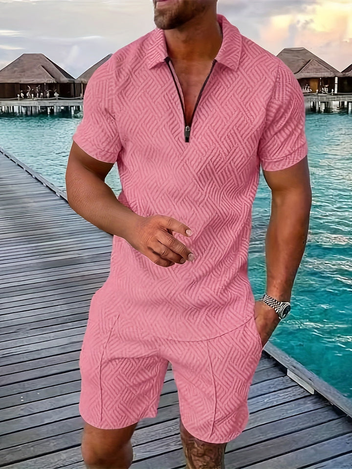 Casual and Stylish Geometric Polo Shirt and Shorts Set for Men