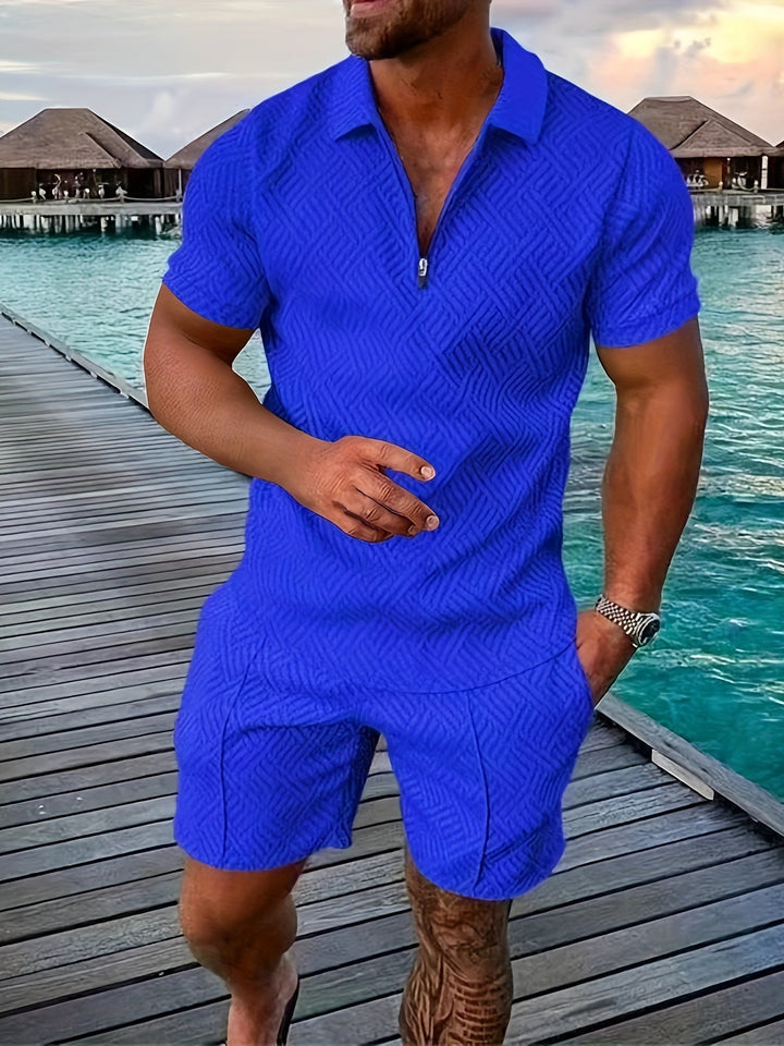 Casual and Stylish Geometric Polo Shirt and Shorts Set for Men