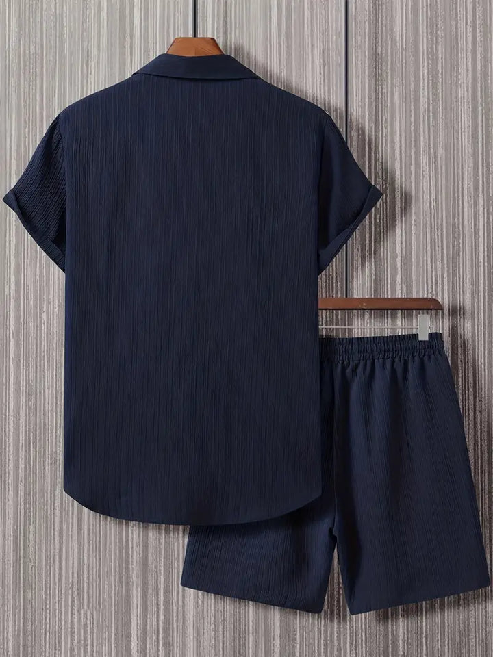 Navy Blue Button-Up Shirt and Shorts Set for Men
