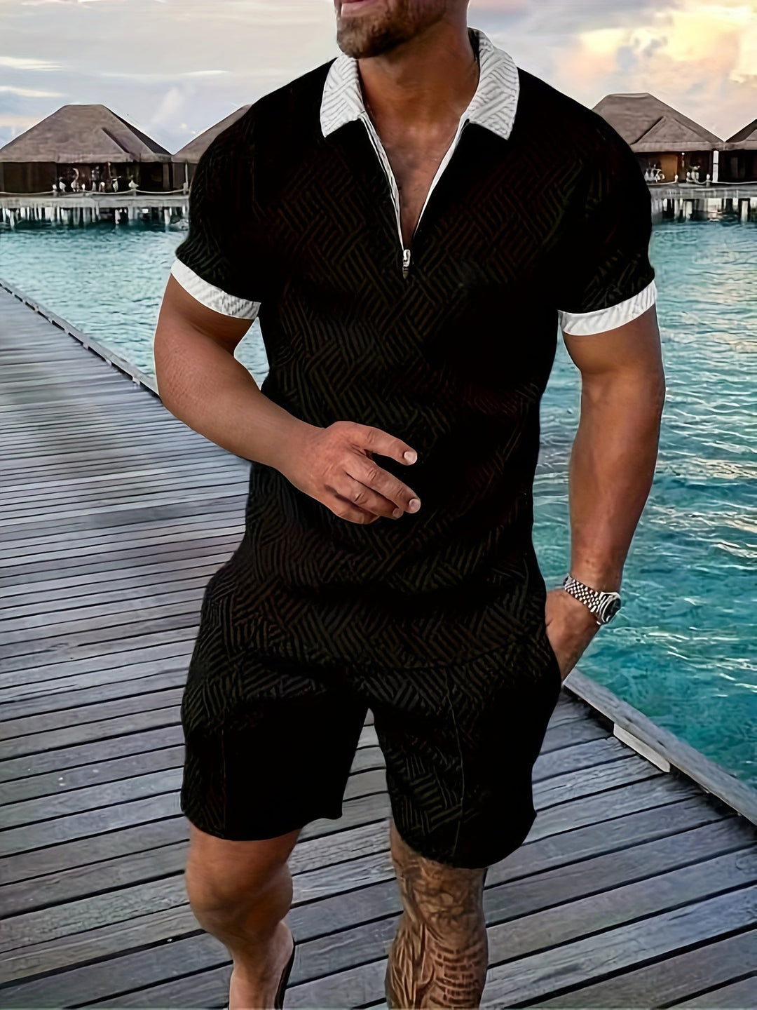 Casual and Stylish Geometric Polo Shirt and Shorts Set for Men
