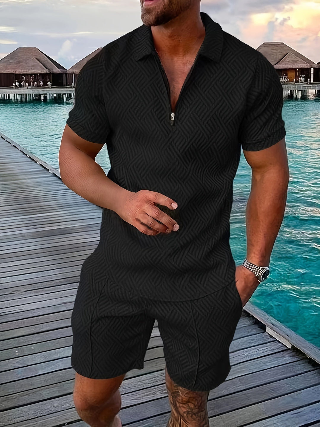 Casual and Stylish Geometric Polo Shirt and Shorts Set for Men