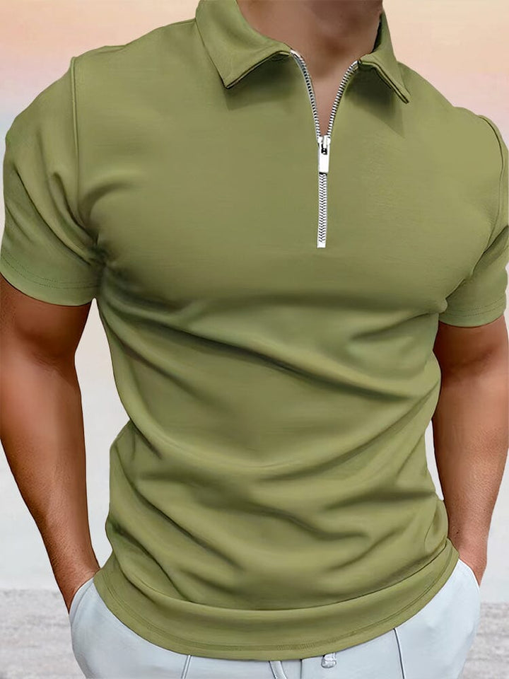 Zipper Solid Short Sleeve Polo Shirt