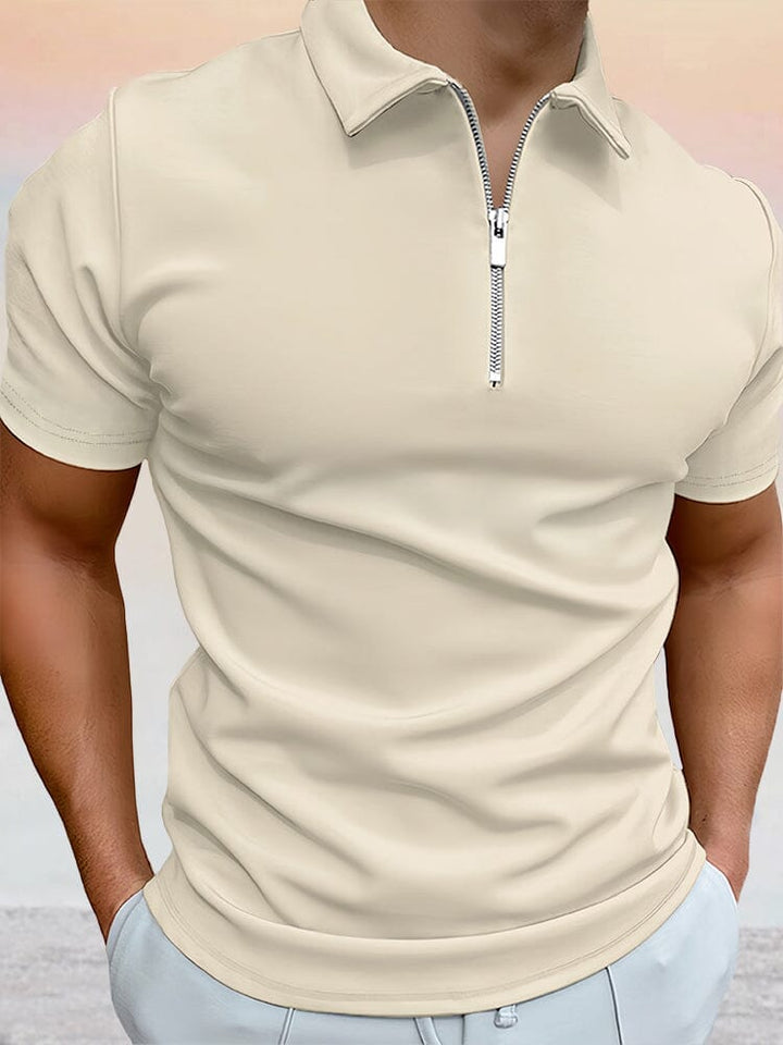 Zipper Solid Short Sleeve Polo Shirt