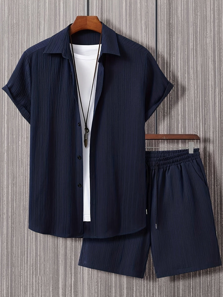 Navy Blue Button-Up Shirt and Shorts Set for Men