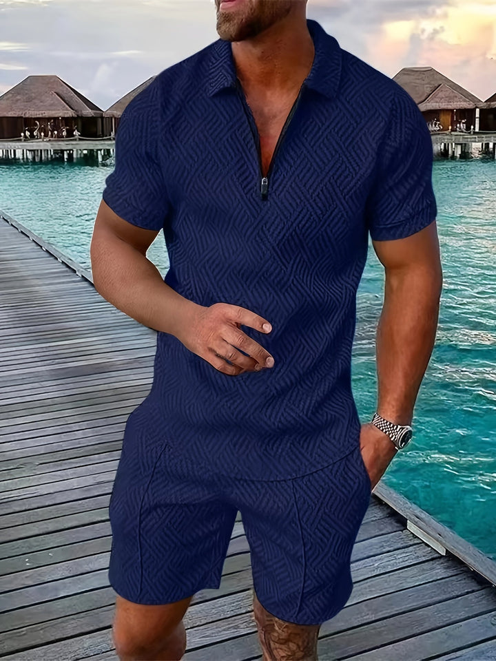Casual and Stylish Geometric Polo Shirt and Shorts Set for Men
