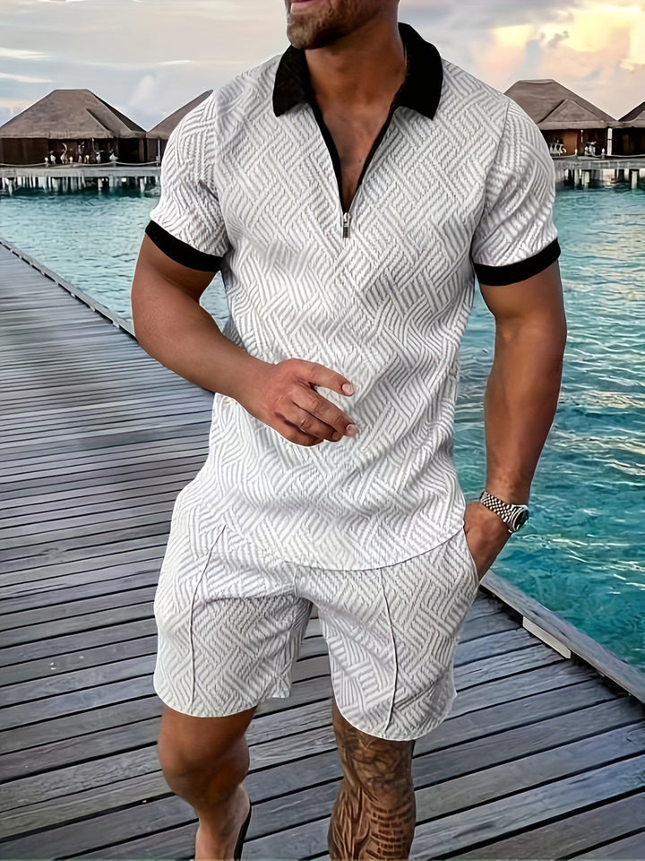Casual and Stylish Geometric Polo Shirt and Shorts Set for Men