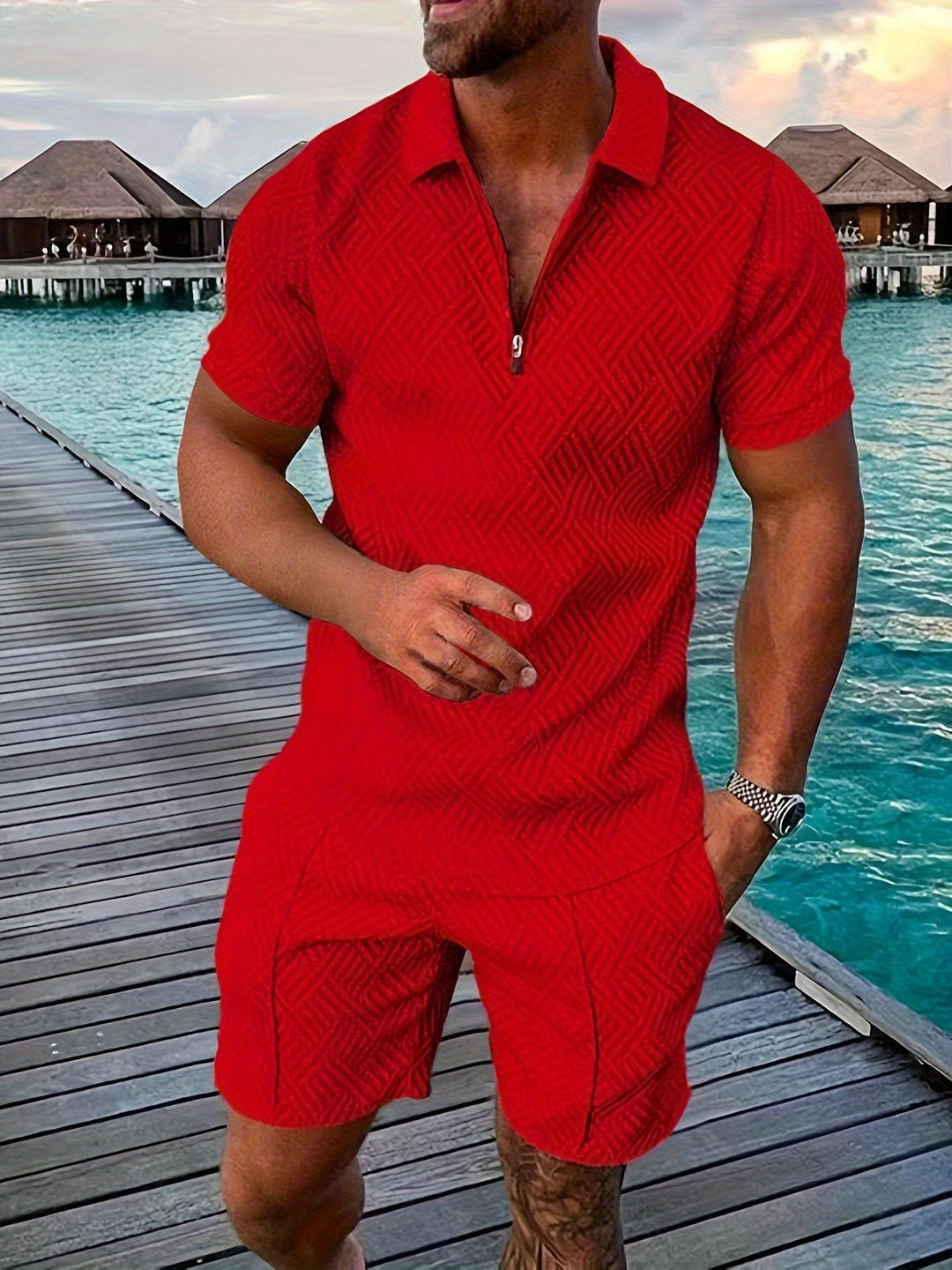 Casual and Stylish Geometric Polo Shirt and Shorts Set for Men
